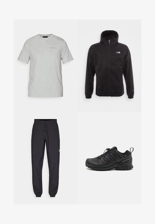 Giacca nera impermeabile con zip completa, cappuccio regolabile, polsini elasticizzati e logo sul petto; leggera, con texture liscia.; T-shirt grigio chiaro a maniche corte con colletto rotondo e logo "Peak Performance" discreto sul lato sinistro del petto.; Pantaloni sportivi neri realizzati in tessuto leggero, con vita regolabile con cordino, tasche laterali e orli affusolati alle caviglie.; Scarpa sportiva nera con parte superiore in sintetico testurizzato, suola imbottita e sistema di allacciatura rapida. Presenta una punta e un tallone rinforzati.