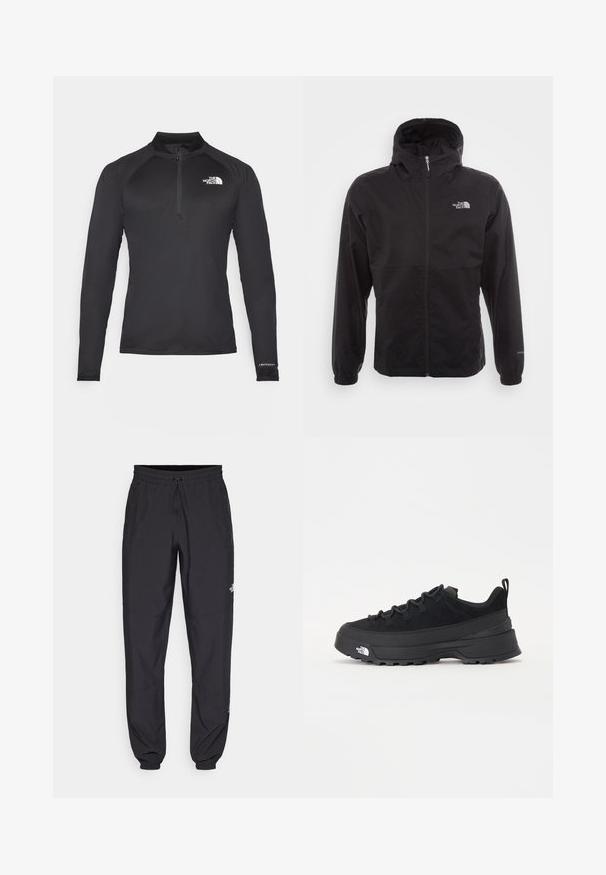 Svart vanntett jakke med full glidelås, justerbar hette, elastiske mansjetter og logo på brystet; lett, glatt tekstur.; Svart langermet treningstopp med kvart-zip krage, teksturert stoff, sidelommer og subtil logo på brystet.; Sorte idrettsbukser laget av lett stoff, med snor i livet, sidelommer og smale mansjetter ved anklene.; Svart utendørs sneakers med overdel i semsket skinn, teksturert gummisåle og solid snøresystem. Har forsterket hæl og merkevarelogo på siden.
