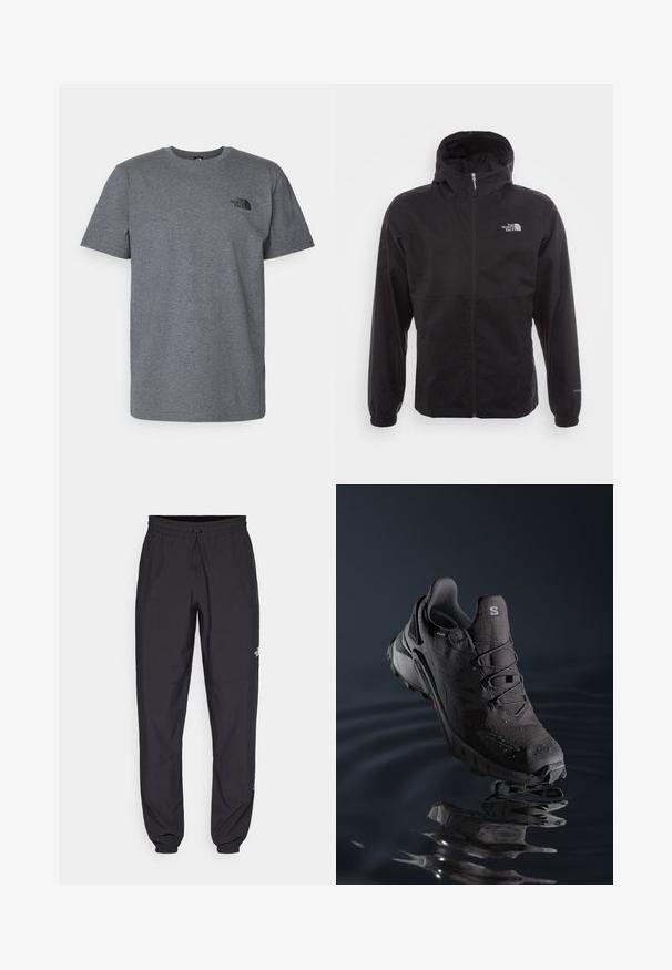 Chaqueta negra impermeable con cremallera completa, capucha ajustable, puños elásticos y un logo en el pecho; ligera, con textura suave.; Camiseta de algodón gris con mangas cortas, escote redondo y logotipo negro impreso en la parte superior izquierda del pecho. Textura suave con un ajuste casual.; Pantalones deportivos negros hechos de un tejido ligero, con una cinturilla ajustable, bolsillos laterales y puños ajustados en los tobillos.; Zapatilla de trail running negra con una parte superior texturizada, sistema de cordones y suela de goma. Cuenta con material resistente al agua y acentos rojos.