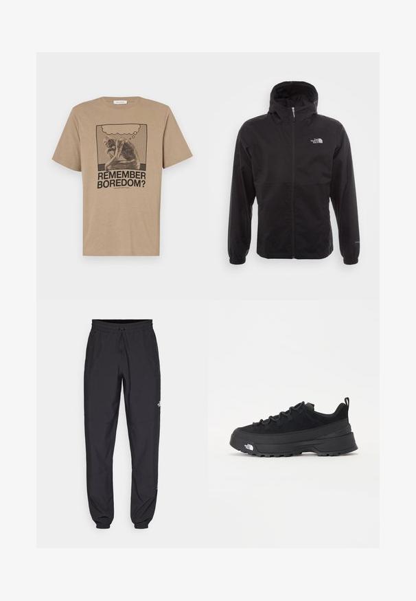 Černá nepromokavá bunda s celopropínacím zipem, nastavitelnou kapucí, elastickými manžetami a logem na hrudi; lehká, hladká textilie.; Béžové bavlněné tričko s potiskem postavy v zamyšlení a textem "PAMATUJETE NA NUDU?" v černé barvě. Design s kulatým výstřihem.; Černé sportovní kalhoty vyrobené z lehké tkaniny, s páskem na šňůrku, bočními kapsami a zúženými manžetami na kotnících.; Černé venkovní tenisky s horní částí ze semiše, texturovanou gumovou podrážkou a pevným šněrováním. Obsahují zesílenou patu a logo značky na boku.