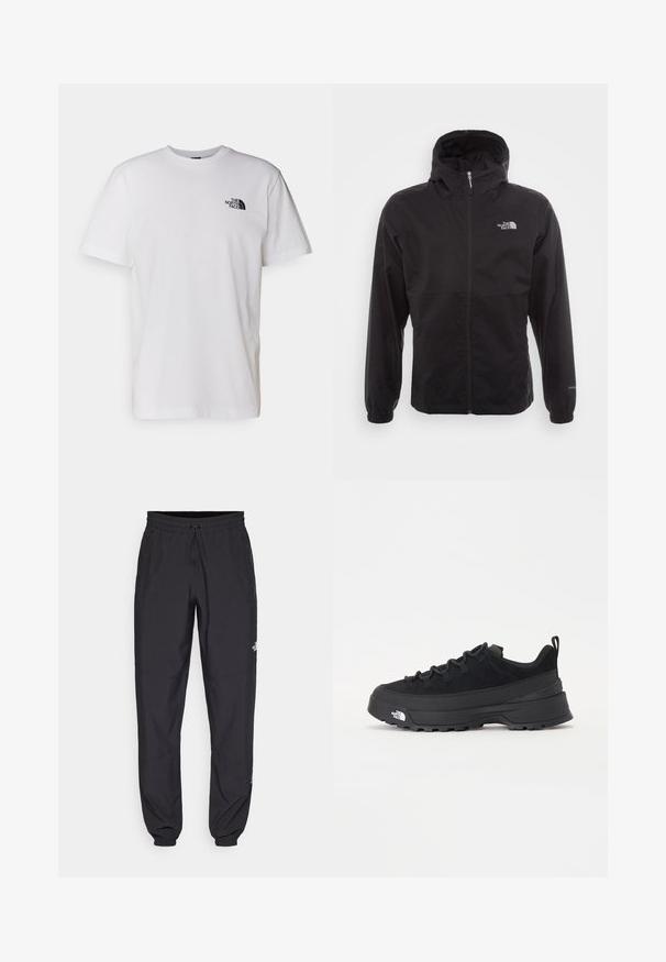 Chaqueta negra impermeable con cremallera completa, capucha ajustable, puños elásticos y un logo en el pecho; ligera, con textura suave.; Camiseta de algodón blanca con cuello redondo, mangas cortas y un pequeño logo negro impreso en la parte izquierda del pecho.; Pantalones deportivos negros hechos de un tejido ligero, con una cinturilla ajustable, bolsillos laterales y puños ajustados en los tobillos.; Zapatilla negra de exterior con parte superior de ante, suela de goma texturizada y un sólido sistema de cordones. Cuenta con un talón reforzado y el logotipo de la marca en el lateral.