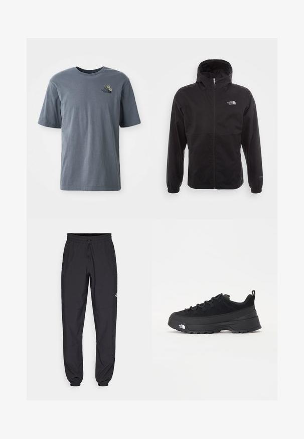 Musta vedenpitävä takki täysihihnalla, säädettävällä huppulla, joustavilla hihansuilla ja logolla rinnassa; kevyt, sileä pinta.; Harmaa lyhythihainen t-paita, joka on valmistettu puuvillasta ja jossa on pieni brodattu logo sekä kukkakuvio vasemmassa rinnassa.; Mustat urheiluhousut, jotka on valmistettu kevyestä kankaasta. Housuissa on naru vyötäröllä, sivutaskut ja kapenevat hihnat nilkoissa.; Mustamustad välisjalanõud suede ülemise, tekstuuriga kummist tallaga ja tugeva paelaga. Varustatud tugevdatud kanna ja brändi logoga külgedel.