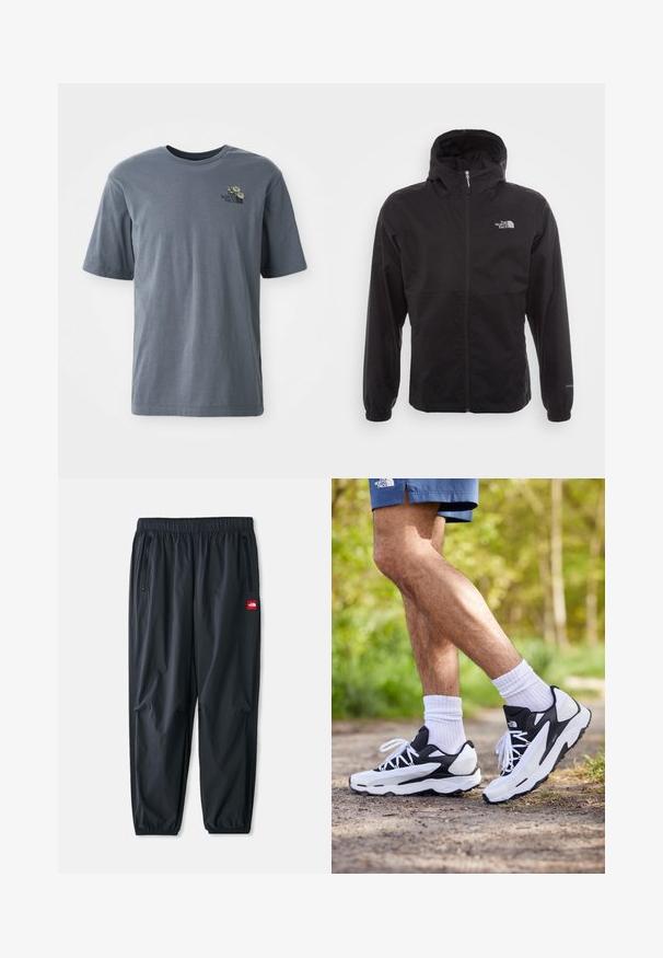 Czarna wodoodporna kurtka z pełnym zamkiem, regulowanym kapturem, elastycznymi mankietami i logo na piersi; lekka, gładka tekstura.; Szara koszulka z krótkim rękawem wykonana z bawełny, z małym haftowanym logo i kwiatowym wzorem na lewej stronie klatki piersiowej.; Czarne lekkie spodnie wykonane z materiału syntetycznego, z elastycznym pasem, kieszeniami bocznymi na zamek oraz małą czerwoną naszywką z logo.; Czarno-białe buty sportowe z siateczkową cholewką, teksturowanymi akcentami i białymi sznurówkami. Noszone z białymi skarpetkami do kostek i granatowymi szortami na ścieżce.