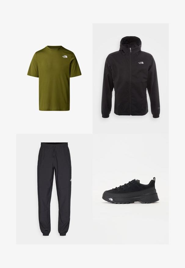 Černá nepromokavá bunda s celopropínacím zipem, nastavitelnou kapucí, elastickými manžetami a logem na hrudi; lehká, hladká textilie.; Olivově zelené tričko s krátkým rukávem vyrobené z měkké tkaniny; má malé bílé logo na levé horní části hrudi. Klasický kulatý výstřih.; Černé sportovní kalhoty vyrobené z lehké tkaniny, s páskem na šňůrku, bočními kapsami a zúženými manžetami na kotnících.; Černé venkovní tenisky s horní částí ze semiše, texturovanou gumovou podrážkou a pevným šněrováním. Obsahují zesílenou patu a logo značky na boku.