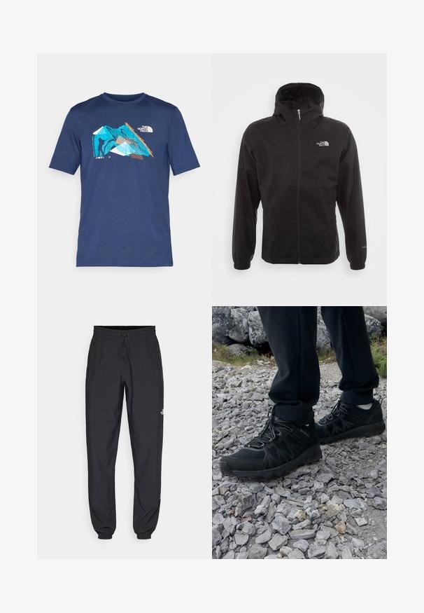 Casaco impermeável preto com fecho completo, capuz ajustável, punhos elásticos e um logótipo no peito; leve, com textura suave.; T-shirt de manga curta azul-marinho feito de tecido suave, apresentando um design gráfico com detalhes em azul, laranja e branco que retrata montanhas e um escalador.; Calças atléticas pretas feitas de tecido leve, com um cós ajustável por cordão, bolsos laterais e punhos afunilados nos tornozelos.; Sapatos pretos para exterior, feitos de material em malha e sintético, com um cabedal texturizado, sistema de atilho seguro e uma sola robusta, sobre terreno rochoso.