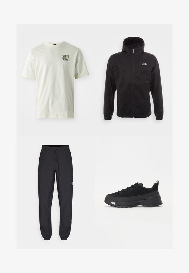 Svart vanntett jakke med full glidelås, justerbar hette, elastiske mansjetter og logo på brystet; lett, glatt tekstur.; Kremfarget bomull T-skjorte med grønn grafisk print på venstre bryst, med en klassisk rund hals og korte ermer.; Sorte idrettsbukser laget av lett stoff, med snor i livet, sidelommer og smale mansjetter ved anklene.; Svart utendørs sneakers med overdel i semsket skinn, teksturert gummisåle og solid snøresystem. Har forsterket hæl og merkevarelogo på siden.