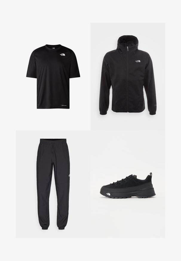 Must have veekindel must jope täispikksu lõpetusega, reguleeritava kapuutsiga, elastsete mansettide ning rinnal oleva logoga; kerge, sile tekstuur.; Mustard mustusleeve sportlik t-särk ümar kaelusega, tekstuuriga kangas ja valged logod rinna ja serva peal. Kerge disain aktiivseks kasutamiseks.; Mustavad sportlikud püksid, mis on valmistatud kergest kangast, joonlauaga taljest, küljetaskudega ja kitsenevate varrukatega pahkluude juures.; Must musta jalats, millel on sametised ülemused, tekstuuriga kummist põhi ja vastupidav sidumise süsteem. Omab tugevdust kannaosas ja brändi logo küljes.