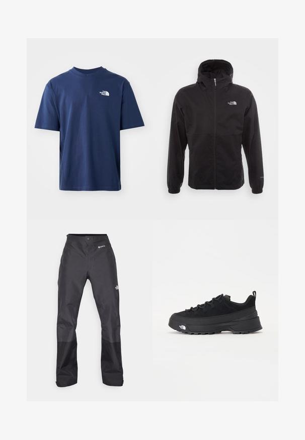 Čierna nepremokavá bunda s plným zipsom, nastaviteľnou kapucňou, elastickými manžetami a logom na hrudi; ľahká, s hladkou textúrou.; Námornícky modré bavlnené tričko s okrúhlym výstrihom, krátkymi rukávmi a bielym logom na hornej ľavej strane hrude. Hladká štruktúra, štandardný strih.; Čierne nepremokavé nohavice s hladkým povrchom, so značkou GORE-TEX na prednej strane a zosilnenými dolnými nohavicami pre väčšiu odolnosť.; Čierne vonkajšie tenisky so zvrškom z semišu, štruktúrovanou gumovou podrážkou a pevným šnurovaním. Obsahujú vystužený opätok a logo značky na boku.