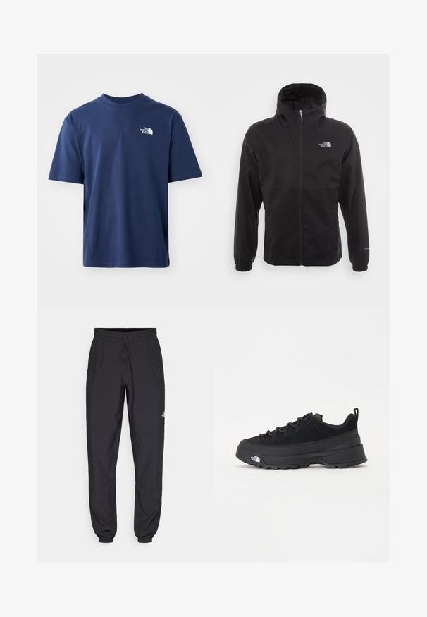 Black waterproof jacket with a full zip, adjustable hood, elastic cuffs, and a logo on the chest; lightweight, smooth texture.; Navy blue cotton t-shirt with a crew neck, short sleeves, and a white logo on the upper left chest. Smooth texture, standard fit.; Black athletic pants made from lightweight fabric, featuring a drawstring waistband, side pockets, and tapered cuffs at the ankles.; Black outdoor sneaker with a suede upper, textured rubber sole, and sturdy lacing system. Features a reinforced heel and brand logo on the side.