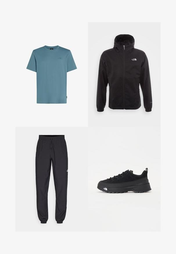 Melna ūdensnecaurlaidīga jaka ar pilnu rāvējslēdzēju, regulējamu kapuci, elastīgām piedurknēm un logo uz krūtīm; viegla, gluda tekstūra.; Gai zila kokvilnas T-krekls ar apaļu kakla izgriezumu, īsām piedurknēm un mazāku logotipu tumšākā tonī uz krūšu daļas.; Melni sporta bikses, kas izgatavotas no viegla auduma, ar savelcamu jostu, sānu kabatām un sašaurinātiem apakšējiem galiem pie potītēm.; Melni āra sporta apavi ar zamšādas virsu, teksturētu gumijas zoli un izturīgu auklu sistēmu. Iezīmēts ar pastiprinātu papēdi un zīmola logo sānu daļā.