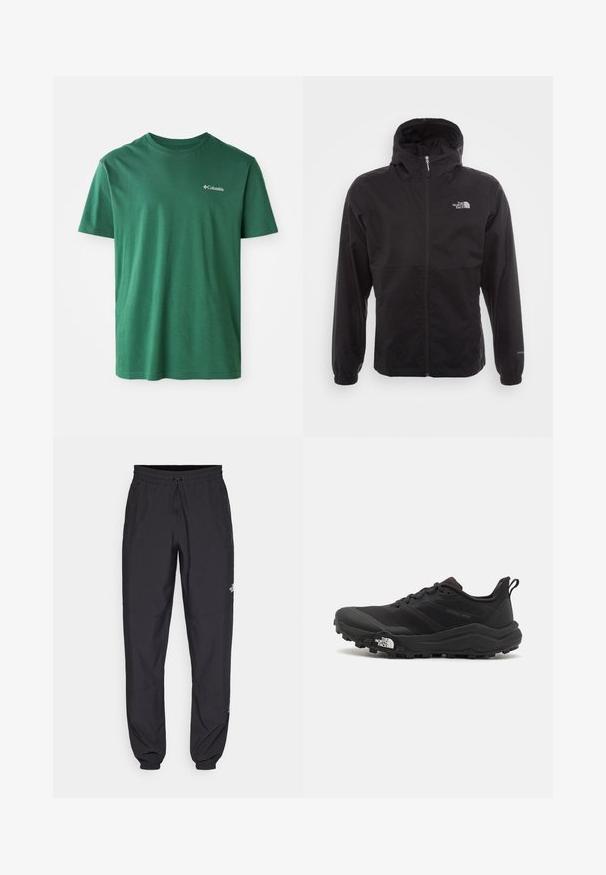 Black waterproof jacket with a full zip, adjustable hood, elastic cuffs, and a logo on the chest; lightweight, smooth texture.; Green cotton t-shirt with a crew neckline, short sleeves, and a small white Columbia logo on the chest. Soft texture, casual design.; Black athletic pants made from lightweight fabric, featuring a drawstring waistband, side pockets, and tapered cuffs at the ankles.; Black trail running shoe with a textured upper, rubber sole, and reinforced toe cap. Features a padded collar and pull tab for easy wear.