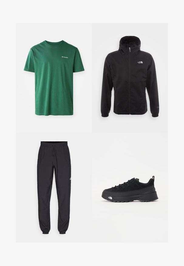 Black waterproof jacket with a full zip, adjustable hood, elastic cuffs, and a logo on the chest; lightweight, smooth texture.; Green cotton t-shirt with a crew neckline, short sleeves, and a small white Columbia logo on the chest. Soft texture, casual design.; Black athletic pants made from lightweight fabric, featuring a drawstring waistband, side pockets, and tapered cuffs at the ankles.; Black outdoor sneaker with a suede upper, textured rubber sole, and sturdy lacing system. Features a reinforced heel and brand logo on the side.