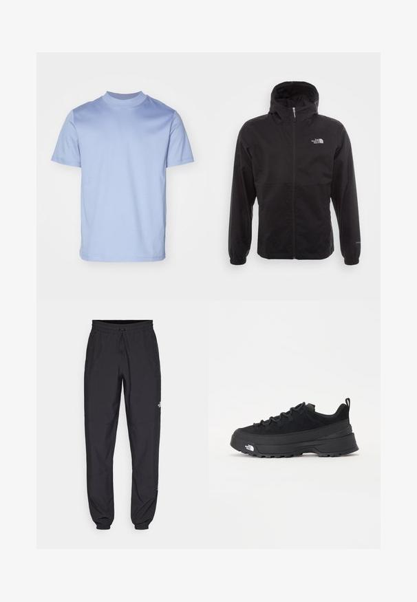 Black waterproof jacket with a full zip, adjustable hood, elastic cuffs, and a logo on the chest; lightweight, smooth texture.; Light blue short-sleeve t-shirt with a high crew neckline, made from soft cotton fabric. Features a clean, simple design with no visible logos.; Black athletic pants made from lightweight fabric, featuring a drawstring waistband, side pockets, and tapered cuffs at the ankles.; Black outdoor sneaker with a suede upper, textured rubber sole, and sturdy lacing system. Features a reinforced heel and brand logo on the side.