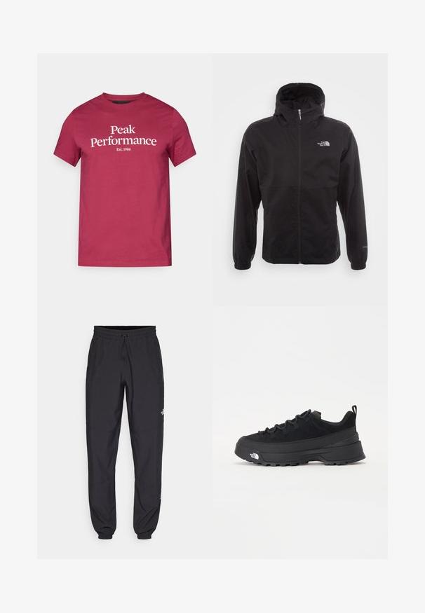 Čierna nepremokavá bunda s plným zipsom, nastaviteľnou kapucňou, elastickými manžetami a logom na hrudi; ľahká, s hladkou textúrou.; Bordová bavlnená tričko s bielym textom "Peak Performance" a "Est. 1986." Krátke rukávy a klasický okrúhly výstrih.; Čierne športové nohavice vyrobené z ľahkej tkaniny, s elastickým pásom na šnurovanie, bočnými vreckami a zúženými manžetami na členkoch.; Čierne vonkajšie tenisky so zvrškom z semišu, štruktúrovanou gumovou podrážkou a pevným šnurovaním. Obsahujú vystužený opätok a logo značky na boku.