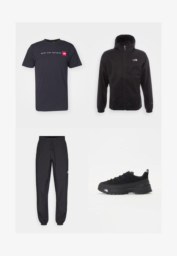 Black waterproof jacket with a full zip, adjustable hood, elastic cuffs, and a logo on the chest; lightweight, smooth texture.; Black cotton t-shirt with crew neck, featuring the phrase "NEVER STOP EXPLORING" in white and a small red logo on the left chest.; Black athletic pants made from lightweight fabric, featuring a drawstring waistband, side pockets, and tapered cuffs at the ankles.; Black outdoor sneaker with a suede upper, textured rubber sole, and sturdy lacing system. Features a reinforced heel and brand logo on the side.