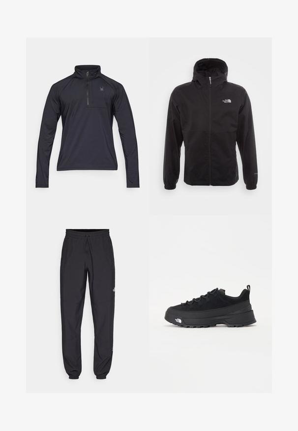 Giacca nera impermeabile con zip completa, cappuccio regolabile, polsini elasticizzati e logo sul petto; leggera, con texture liscia.; Pullover nero a maniche lunghe con zip a quarto, realizzato in tessuto leggero e testurizzato. Presenta una piccola tasca sul petto e un logo ricamato.; Pantaloni sportivi neri realizzati in tessuto leggero, con vita regolabile con cordino, tasche laterali e orli affusolati alle caviglie.; Sneaker da esterno nera con parte superiore in suede, suola in gomma testurizzata e robusto sistema di allacciatura. Presenta un tallone rinforzato e il logo del marchio sul lato.