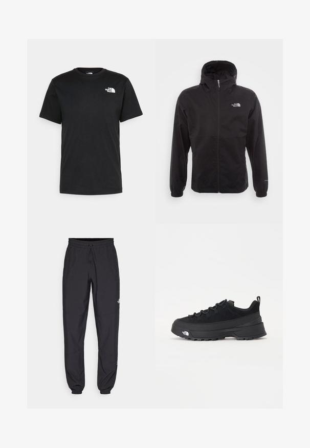 Musta vedenpitävä takki täysihihnalla, säädettävällä huppulla, joustavilla hihansuilla ja logolla rinnassa; kevyt, sileä pinta.; Musta puuvillapaita lyhyillä hihoilla, pyöreällä kaula-aukolla, jossa on pieni valkoinen logo vasemmassa rinnassa. Yksinkertainen muotoilu, normaali istuvuus.; Mustat urheiluhousut, jotka on valmistettu kevyestä kankaasta. Housuissa on naru vyötäröllä, sivutaskut ja kapenevat hihnat nilkoissa.; Mustamustad välisjalanõud suede ülemise, tekstuuriga kummist tallaga ja tugeva paelaga. Varustatud tugevdatud kanna ja brändi logoga külgedel.