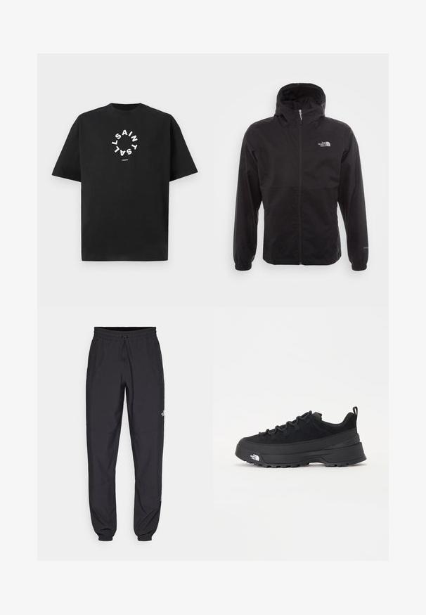 Juodas vandeniui atsparus švarkas su pilnu užtrauktuku, reguliuojama kapuce, elastingais rankogaliais ir logotipu ant krūtinės; lengvas, lygaus paviršiaus.; Juoda medvilninė marškinėliai trumpomis rankovėmis. Pabrėžia baltą tekstą, išdėstytą apvaliu raštu, sakantį "SAINT LAURENT LONDON."; Juodos sportinės kelnės, pagamintos iš lengvos medžiagos, su raišteliu liemens srityje, šoniniais kišenėmis ir siaurėjantys apykaklės prie kulkšnies.; Juodas lauko sportinis batelis su zomšiniu viršumi, tekstūruota guma padais ir tvirtas raištelių sistema. Yra sustiprinta kulno dalis ir prekės ženklo logotipas šone.