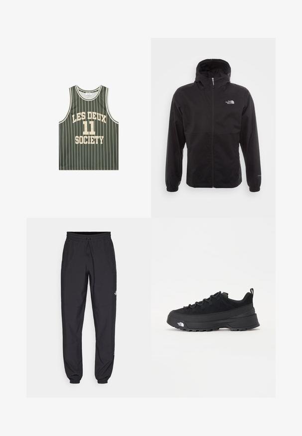Μαύρο αδιάβροχο μπουφάν με πλήρες φερμουάρ, ρυθμιζόμενη κουκούλα, ελαστικές μανσέτες και λογότυπο στο στήθος; ελαφρύ, με λεία υφή.; Ελαφρύ πράσινο αμάνικο μπλουζάκι μπάσκετ με λευκές κατακόρυφες ρίγες, που διαθέτει τη φράση "LES DEUX 11 SOCIETY" εκτυπωμένη στο μπροστινό μέρος με έντονα γράμματα.; Μαύρη αθλητική παντελόνι κατασκευασμένο από ελαφρύ ύφασμα, με ζώνη που ρυθμίζεται με κορδόνι, πλευρικές τσέπες και στενές μανσέτες στους αστραγάλους.; Μαύρο εξωτερικό αθλητικό παπούτσι με σουέτ άνω μέρος, υφασμένο καουτσούκ σόλα και ανθεκτικό σύστημα δέσης. Διαθέτει ενισχυμένη φτέρνα και λογότυπο της μάρκας στο πλάι.