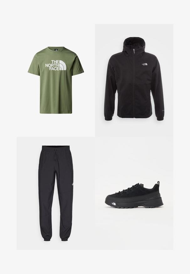 Zwarte waterdichte jack met volledige rits, verstelbare capuchon, elastische manchetten en een logo op de borst; lichtgewicht, gladde textuur.; Olijfgroene katoenen T-shirt met een groot wit "The North Face" logo en een gebogen bergafbeelding. Korte mouwen en ronde halsuitgang.; Zwarte sportieve broek gemaakt van lichtgewicht stof, met een trekkoord in de taille, zijzakken en taps toelopende boorden bij de enkels.; Zwarte outdoor sneaker met een suede bovenkant, een gestructureerde rubberen zool en een stevig vetersysteem. Heeft een versterkte hiel en een merklogo aan de zijkant.