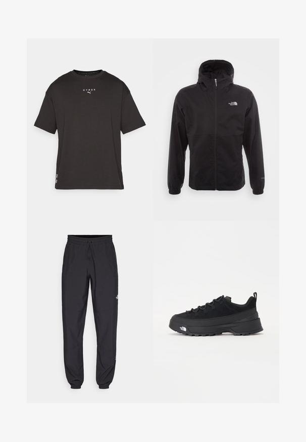Melna ūdensnecaurlaidīga jaka ar pilnu rāvējslēdzēju, regulējamu kapuci, elastīgām piedurknēm un logo uz krūtīm; viegla, gluda tekstūra.; Melns īsām piedurknēm t-krekls ar apaļu kakla izgriezumu, priekšā ar baltu uzrakstu "HYROX" un logotipu, gluda tekstūra un standarta izmērs.; Melni sporta bikses, kas izgatavotas no viegla auduma, ar savelcamu jostu, sānu kabatām un sašaurinātiem apakšējiem galiem pie potītēm.; Melni āra sporta apavi ar zamšādas virsu, teksturētu gumijas zoli un izturīgu auklu sistēmu. Iezīmēts ar pastiprinātu papēdi un zīmola logo sānu daļā.