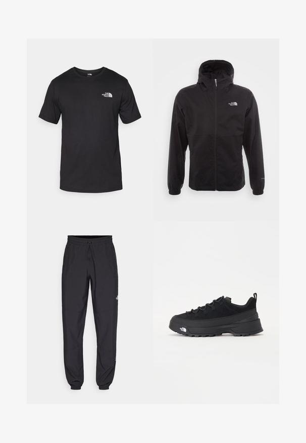 Zwarte waterdichte jack met volledige rits, verstelbare capuchon, elastische manchetten en een logo op de borst; lichtgewicht, gladde textuur.; Zwarte T-shirt met korte mouwen van katoen, voorzien van een ronde halslijn en een klein wit logo op de bovenste linkerkant van de borst.; Zwarte sportieve broek gemaakt van lichtgewicht stof, met een trekkoord in de taille, zijzakken en taps toelopende boorden bij de enkels.; Zwarte outdoor sneaker met een suede bovenkant, een gestructureerde rubberen zool en een stevig vetersysteem. Heeft een versterkte hiel en een merklogo aan de zijkant.