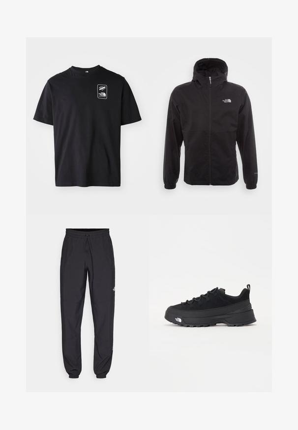 Black waterproof jacket with a full zip, adjustable hood, elastic cuffs, and a logo on the chest; lightweight, smooth texture.; Black cotton t-shirt with short sleeves, round neckline, featuring a white graphic logo in a rectangular frame on the left chest area.; Black athletic pants made from lightweight fabric, featuring a drawstring waistband, side pockets, and tapered cuffs at the ankles.; Black outdoor sneaker with a suede upper, textured rubber sole, and sturdy lacing system. Features a reinforced heel and brand logo on the side.