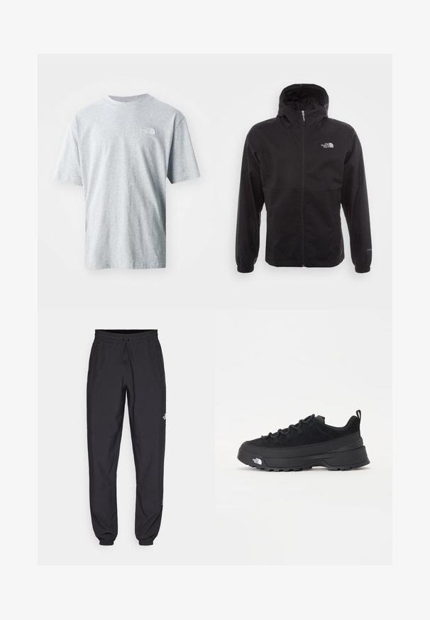 Fekete, vízálló dzseki teljes cipzárral, állítható kapucnival, rugalmas mandzsettákkal és mellkasi logóval; könnyű, sima textúrájú.; Világosszürke pamut póló rövid ujjakkal és kerek nyakkivágással. Egy kis fehér logó található a bal mellrészen. Simább textúra.; Fekete sportnadrág, könnyű anyagból készült, húzózsinóros derékkal, oldalsó zsebekkel és szűkített szárakkal a bokáknál.; Fekete kültéri sneaker velúr felsőrésszel, texturált gumitalppal és strapabíró fűzőrendszerrel. Megerősített sarkú és oldalán márkalogóval rendelkezik.