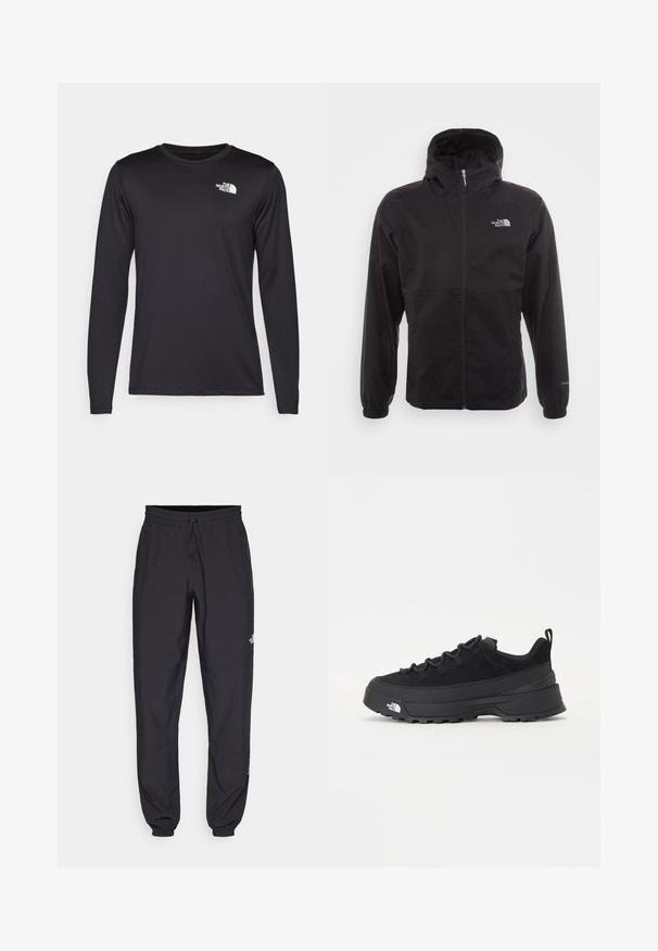 Schwarze wasserdichte Jacke mit durchgehendem Reißverschluss, verstellbarem Kapuzen, elastischen Bündchen und einem Logo auf der Brust; leicht und mit glatter Textur.; Langärmliges schwarzes Performance-T-Shirt aus leichtem Stoff, mit einem weißen Logo auf der oberen linken Brust. Glatte Textur.; Schwarze Sporthosen aus leichtem Stoff, mit einem Kordelzugbund, seitlichen Taschen und schmal zulaufenden Bündchen an den Knöcheln.; Schwarzer Outdoorsneaker mit einem Obermaterial aus Wildleder, strukturierter Gummisohle und robustem Schnürsystem. Verfügt über eine verstärkte Ferse und das Markenlogo an der Seite.