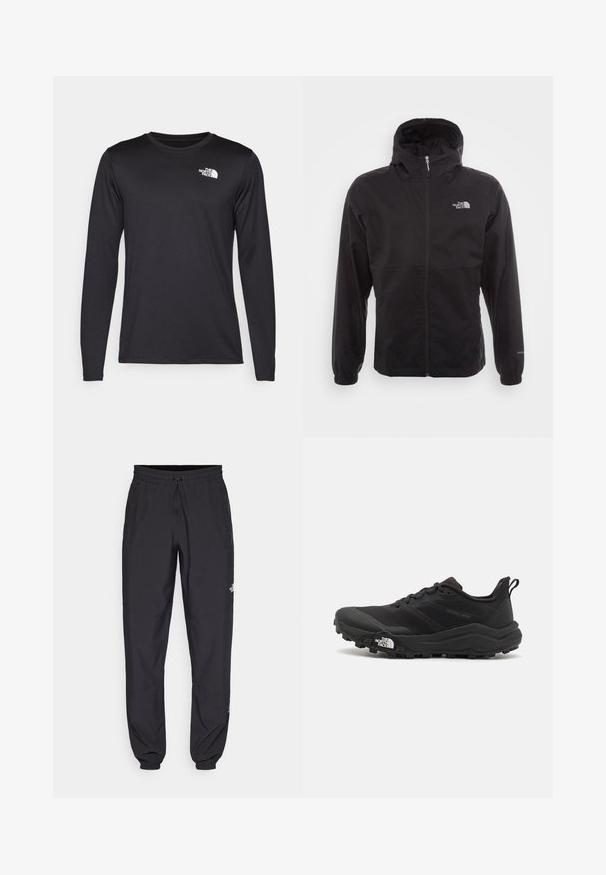 Fekete, vízálló dzseki teljes cipzárral, állítható kapucnival, rugalmas mandzsettákkal és mellkasi logóval; könnyű, sima textúrájú.; Hosszú ujjú fekete teljesítmény póló, könnyű anyagból készült, a bal felső mellen fehér logóval. Sima textúra.; Fekete sportnadrág, könnyű anyagból készült, húzózsinóros derékkal, oldalsó zsebekkel és szűkített szárakkal a bokáknál.; Fekete terepfutó cipő, textúrált felső résszel, gumitalppal és megerősített lábujjrészével. Párnázott bokarésszel és húzófüllel rendelkezik a könnyű felhúzáshoz.
