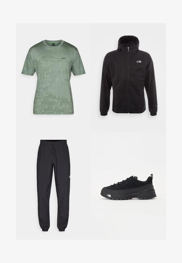 Jachetă neagră, impermeabilă, cu fermoar complet, glugă ajustabilă, manșete elastice și un logo pe piept; ușoară, cu o textură netedă.; Tricou verde cu mânecă scurtă, fabricat dintr-un material fin, având un model în grilaj și un logo negru "BOSS" în zona stângă a pieptului.; Pantaloni atletici negri, confecționați dintr-un material ușor, cu un tiv elastic la talie, buzunare laterale și tivuri ajustate la gleznă.; Tenisi de exterior negri cu superior din daim, talpă din cauciuc texturat și sistem de șireturi solid. Prezintă un călcâi întărit și un logo al mărcii pe lateral.