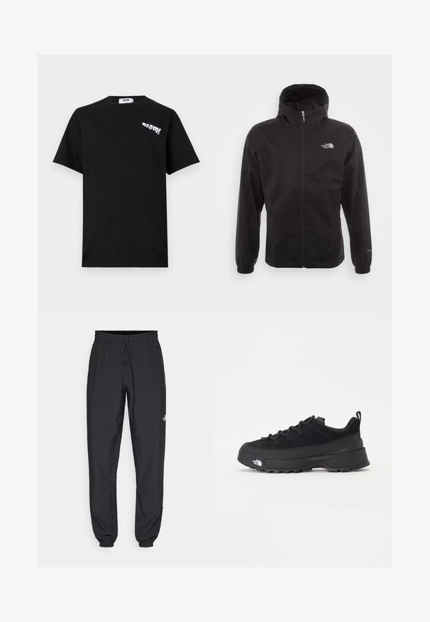 Sort vandtæt jakke med fuld lynlås, justerbar hætte, elastiske manchetter og et logo på brystet; letvægts, glat tekstur.; Sort bomulds T-shirt med korte ærmer, der har hvid legende tekst "msgm!" på venstre brystområde og en rund halsudskæring.; Sorte atletiske bukser lavet af letvægtsstof, med en snor i taljen, sidelommer og tapered manchetter ved anklerne.; Sort udendørs sneakers med overdel i ruskind, tekstureret gummisål og robust snøringssystem. Har en forstærket hæl og logo fra mærket på siden.