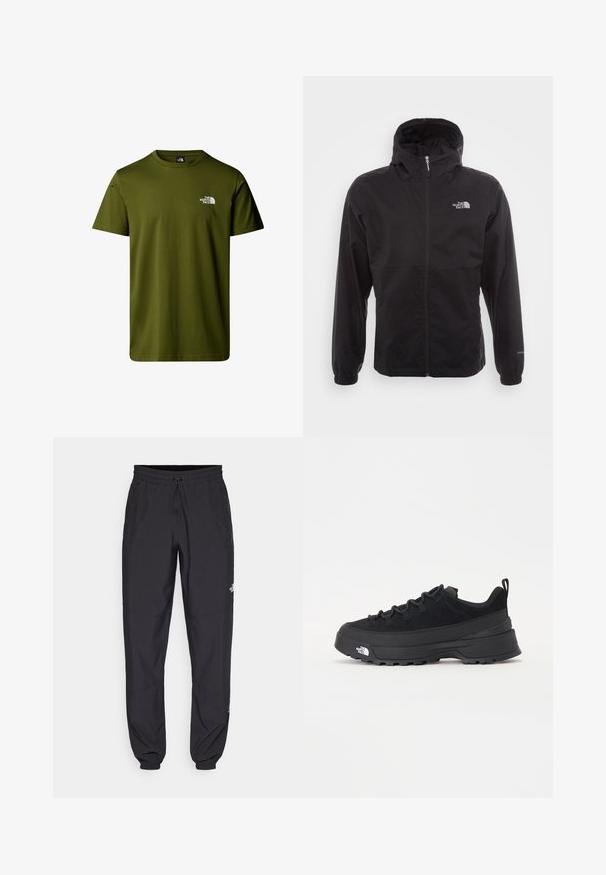 Czarna wodoodporna kurtka z pełnym zamkiem, regulowanym kapturem, elastycznymi mankietami i logo na piersi; lekka, gładka tekstura.; Oliwkowa bawełniana koszulka t-shirt, okrągły dekolt, krótkie rękawy, z białym logo na lewej piersi, prosty dół, gładka tekstura.; Czarne spodenki sportowe wykonane z lekkiego materiału, z elastycznym pasem na sznurek, bocznymi kieszeniami i zwężanymi mankietami przy kostkach.; Czarne sneakersy outdoorowe z zamszowym wierzchem, teksturowaną gumową podeszwą i solidnym systemem sznurowania. Posiadają wzmocnioną piętę oraz logo marki na boku.