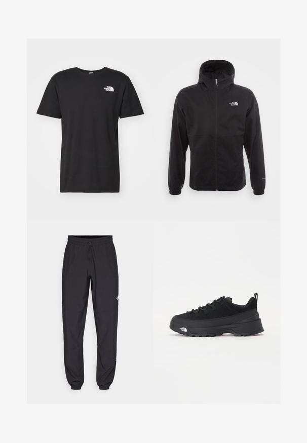 Must have veekindel must jope täispikksu lõpetusega, reguleeritava kapuutsiga, elastsete mansettide ning rinnal oleva logoga; kerge, sile tekstuur.; The North Face M SS BOX NSE TEE - Trükipildiga T-särk - black/optic emerald; Mustavad sportlikud püksid, mis on valmistatud kergest kangast, joonlauaga taljest, küljetaskudega ja kitsenevate varrukatega pahkluude juures.; Must musta jalats, millel on sametised ülemused, tekstuuriga kummist põhi ja vastupidav sidumise süsteem. Omab tugevdust kannaosas ja brändi logo küljes.