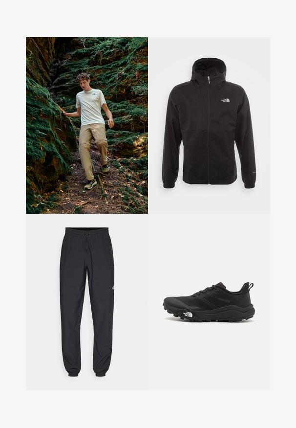 Casaco impermeável preto com fecho completo, capuz ajustável, punhos elásticos e um logótipo no peito; leve, com textura suave.; Conjunto casual com uma t-shirt branca de mangas curtas com um logótipo, calças bege e sapatos de caminhada escuros. Cercado por um terreno verdejante coberto de musgo.; Calças atléticas pretas feitas de tecido leve, com um cós ajustável por cordão, bolsos laterais e punhos afunilados nos tornozelos.; Sapatilha de trail running preta com um upper texturizado, sola de borracha e biqueira reforçada. Possui um colarinho acolchoado e uma alça para facilitar o calçar.