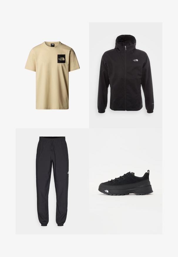 Černá nepromokavá bunda s celopropínacím zipem, nastavitelnou kapucí, elastickými manžetami a logem na hrudi; lehká, hladká textilie.; Beige tričko s krátkým rukávem vyrobené z bavlny, s černým čtvercovým logem na levém prsu a bílým textem. Design s kulatým výstřihem, jednobarevná textura.; Černé sportovní kalhoty vyrobené z lehké tkaniny, s páskem na šňůrku, bočními kapsami a zúženými manžetami na kotnících.; Černé venkovní tenisky s horní částí ze semiše, texturovanou gumovou podrážkou a pevným šněrováním. Obsahují zesílenou patu a logo značky na boku.