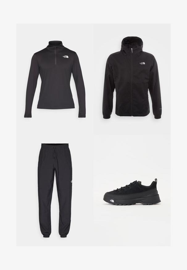 Fekete, vízálló dzseki teljes cipzárral, állítható kapucnival, rugalmas mandzsettákkal és mellkasi logóval; könnyű, sima textúrájú.; Fekete, hosszú ujjú pulóver, negyedcipzárral és magas gallérral, könnyű anyagból készült, bal mellrészen fehér logóval.; Fekete sportnadrág, könnyű anyagból készült, húzózsinóros derékkal, oldalsó zsebekkel és szűkített szárakkal a bokáknál.; Fekete kültéri sneaker velúr felsőrésszel, texturált gumitalppal és strapabíró fűzőrendszerrel. Megerősített sarkú és oldalán márkalogóval rendelkezik.
