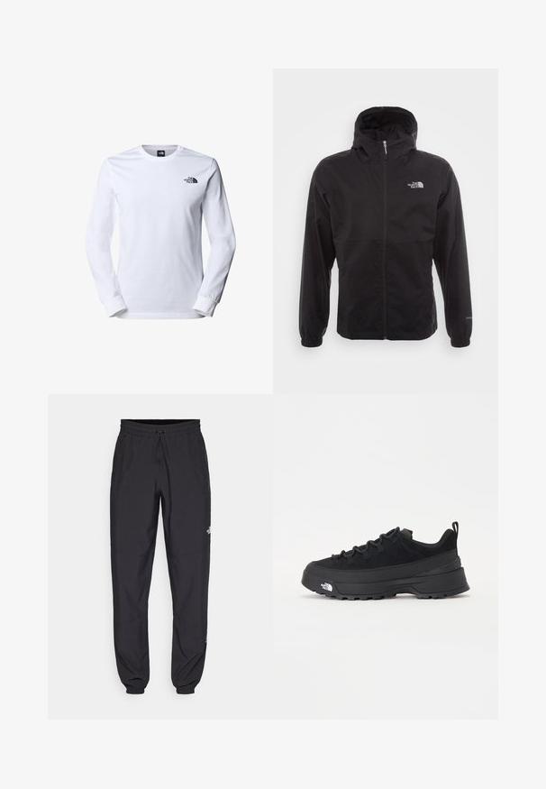 Black waterproof jacket with a full zip, adjustable hood, elastic cuffs, and a logo on the chest; lightweight, smooth texture.; Long-sleeve white t-shirt made of cotton, featuring a round neckline and ribbed cuffs. Left chest displays a small black logo.; Black athletic pants made from lightweight fabric, featuring a drawstring waistband, side pockets, and tapered cuffs at the ankles.; Black outdoor sneaker with a suede upper, textured rubber sole, and sturdy lacing system. Features a reinforced heel and brand logo on the side.