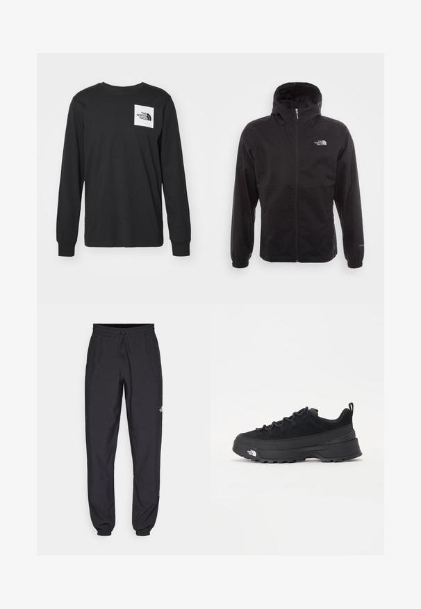 Musta vedenpitävä takki täysihihnalla, säädettävällä huppulla, joustavilla hihansuilla ja logolla rinnassa; kevyt, sileä pinta.; Mustat pitkähihaiset t-paidat, jotka on valmistettu puuvillasta. Paidassa on vasemmassa rinnassa valkoinen suorakulmainen logo, jossa on brändin nimi ja kaareva muotoilu.; Mustat urheiluhousut, jotka on valmistettu kevyestä kankaasta. Housuissa on naru vyötäröllä, sivutaskut ja kapenevat hihnat nilkoissa.; Mustamustad välisjalanõud suede ülemise, tekstuuriga kummist tallaga ja tugeva paelaga. Varustatud tugevdatud kanna ja brändi logoga külgedel.