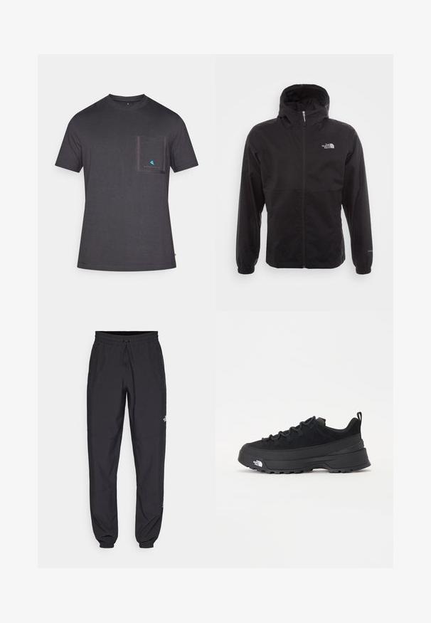 Sort vandtæt jakke med fuld lynlås, justerbar hætte, elastiske manchetter og et logo på brystet; letvægts, glat tekstur.; Mørkegrå crew neck t-shirt lavet af blødt stof, med en brystlomme omkranset af en mørkere grå farve og et lille blåt logo på lommen.; Sorte atletiske bukser lavet af letvægtsstof, med en snor i taljen, sidelommer og tapered manchetter ved anklerne.; Sort udendørs sneakers med overdel i ruskind, tekstureret gummisål og robust snøringssystem. Har en forstærket hæl og logo fra mærket på siden.