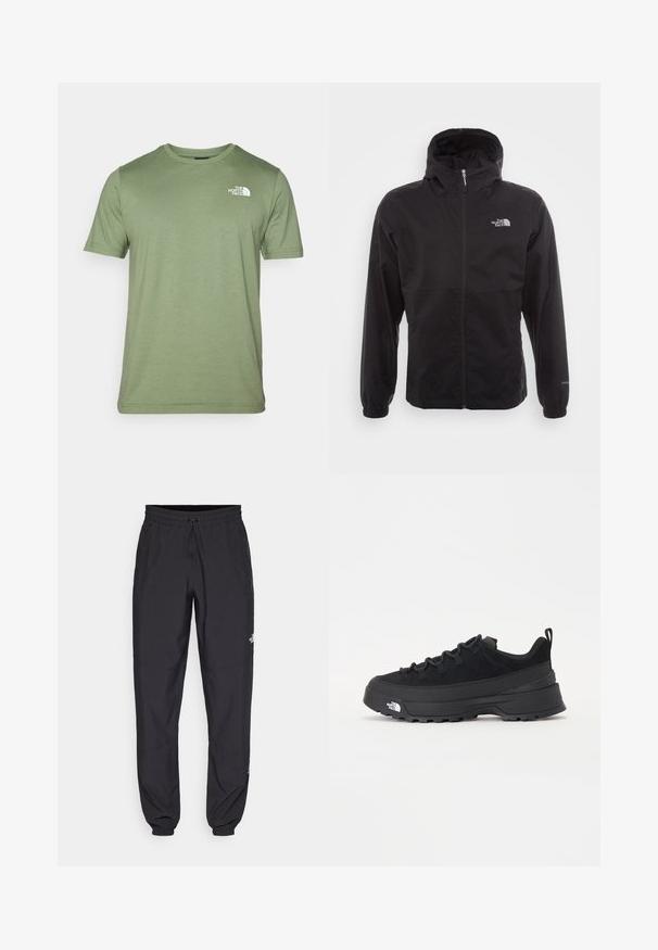 Casaco impermeável preto com fecho completo, capuz ajustável, punhos elásticos e um logótipo no peito; leve, com textura suave.; Camiseta de manga curta verde oliva feita de tecido suave. Possui um decote redondo e um logotipo branco no lado esquerdo do peito. Textura suave por todo o material.; Calças atléticas pretas feitas de tecido leve, com um cós ajustável por cordão, bolsos laterais e punhos afunilados nos tornozelos.; Sapatilha de exterior preta com parte superior em camurça, sola de borracha texturizada e sistema de atacadores robusto. Apresenta um calcanhar reforçado e o logótipo da marca na lateral.