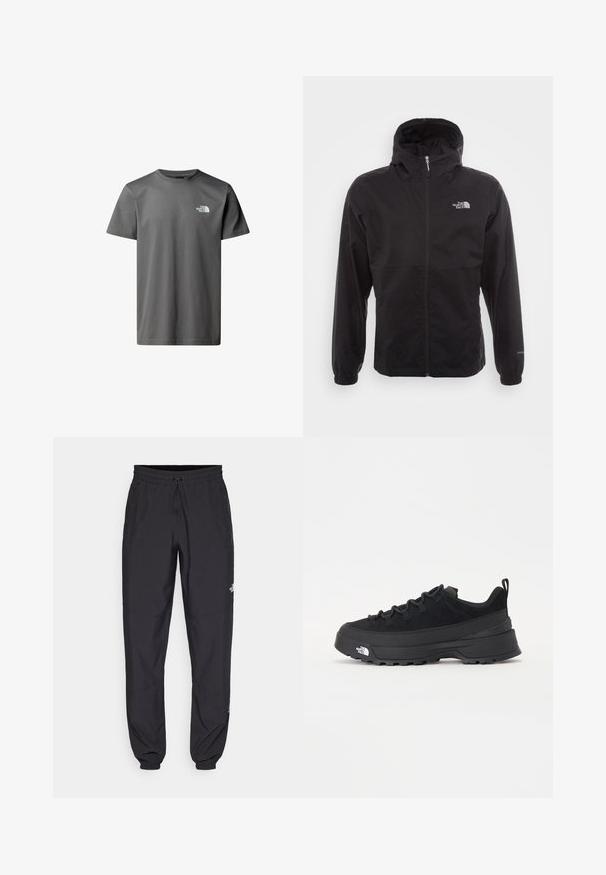 Musta vedenpitävä takki täysihihnalla, säädettävällä huppulla, joustavilla hihansuilla ja logolla rinnassa; kevyt, sileä pinta.; Harmaa puuvillainen t-paita lyhyillä hihoilla, pyöreällä kaula-aukolla, jossa valkoinen logo vasemmassa rinnassa. Suuri rakenne, rento istuvuus.; Mustat urheiluhousut, jotka on valmistettu kevyestä kankaasta. Housuissa on naru vyötäröllä, sivutaskut ja kapenevat hihnat nilkoissa.; Mustamustad välisjalanõud suede ülemise, tekstuuriga kummist tallaga ja tugeva paelaga. Varustatud tugevdatud kanna ja brändi logoga külgedel.