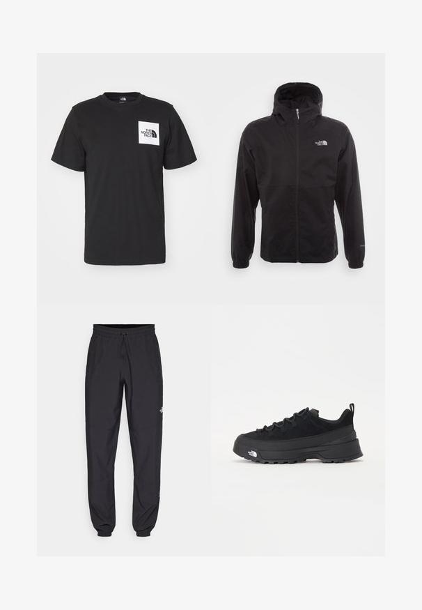 Černá nepromokavá bunda s celopropínacím zipem, nastavitelnou kapucí, elastickými manžetami a logem na hrudi; lehká, hladká textilie.; Černé bavlněné tričko s krátkým rukávem, kulatým výstřihem a bílým čtvercovým logem na hrudi, které obsahuje text "The North Face" a zakřivený design.; Černé sportovní kalhoty vyrobené z lehké tkaniny, s páskem na šňůrku, bočními kapsami a zúženými manžetami na kotnících.; Černé venkovní tenisky s horní částí ze semiše, texturovanou gumovou podrážkou a pevným šněrováním. Obsahují zesílenou patu a logo značky na boku.
