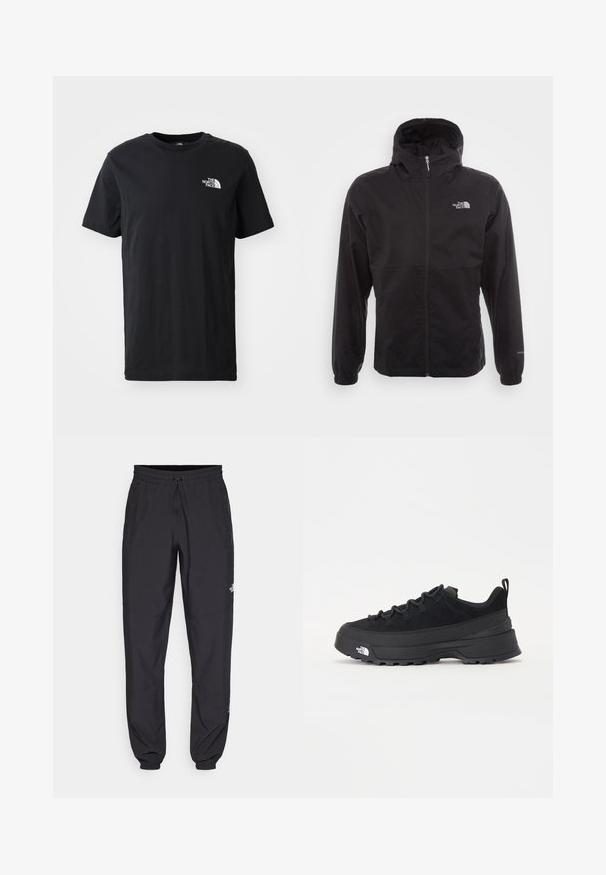 Must have veekindel must jope täispikksu lõpetusega, reguleeritava kapuutsiga, elastsete mansettide ning rinnal oleva logoga; kerge, sile tekstuur.; Must mustaga T-särk lühikeste varrukatega, ümmarguse kaelusega, millega on kaasas väike valge logo vasakul rinnal. Pehme tekstuur, juhuslik istuvus.; Mustavad sportlikud püksid, mis on valmistatud kergest kangast, joonlauaga taljest, küljetaskudega ja kitsenevate varrukatega pahkluude juures.; Must musta jalats, millel on sametised ülemused, tekstuuriga kummist põhi ja vastupidav sidumise süsteem. Omab tugevdust kannaosas ja brändi logo küljes.