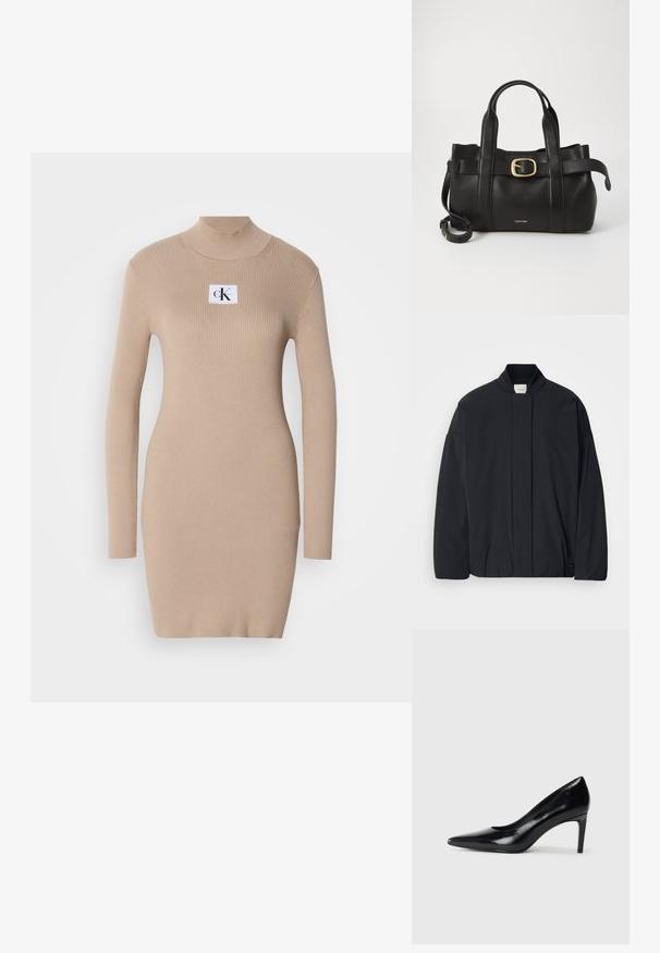 Melnas garās piedurknes jakas ar ribotu apkakli, slēptu priekšpuses aizdari un smalku zīmola etiķeti apakšējā apmalē, izvietota uz baltas fona.; Adīta bēša kleita ar augstu kaklu, garām piedurknēm, ribotu tekstūru un kvadrātveida logotipa uzšuvumu krūšu daļā. Šaura piegriezuma, ceļa garuma modelis.; Melnas ādas augstpapēžu kurpes ar norādītu purngali, gludu tekstūru un šauru papēdi. Minimālistisks dizains, bez papildu rotājumiem.; Melnas ādas rokassoma ar strukturētu dizainu, divām augšējām rokturām, zelta toņa sprādzes akcentu un iegravētu zīmola logo priekšpusē.