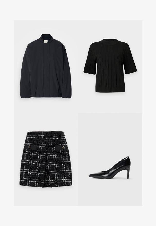 Must musta pikkade varrukatega jakk soonikkoes, peidetud esikinnis, ja diskreetne brändi silt alumisel äärel, asetatud tasasele valgele taustale.; Mustmustard mustrepp kootna, kuuidrust täparide kujuga taht seteheldat, milles vertikaalsed jooned ja kitser kuju.; Mustvalge ruuduline seelik, mis on valmistatud tekstuurist kangast, kahe esikoti ja mustade aktsentidega ning ümmarguste kuldsete detailidega.; Mustmust musta kõrge kontsaga king, millel on terav varvas, sile tekstuur ja kitsenev konts. Minimalistlik disain, ilma täiendavate kaunistusteta.