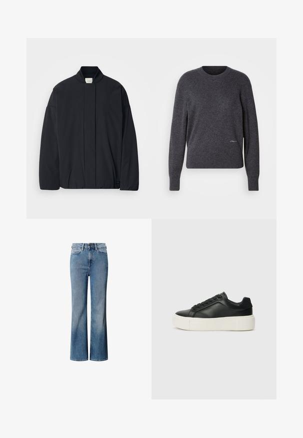 Svart långärmad jacka med ribbad krage, dold framknäppning och diskret logotyp på nederkanten, liggande platt på en vit bakgrund.; Mörkgrå crewneck-tröja i mjukt material. Har långa ärmar, ribbade muddar och en subtil logodetalj på den nedre fronten.; Blå denimjeans med hög midja, vid bendesign och blek tvätt. Har klassisk femfickad styling och knäppning fram.; Schwar zeichnet sköna sneakers med rundad tå, vit plattformssula och svarta snören. Har en diskret logotyp på hälen och en mjuk struktur.