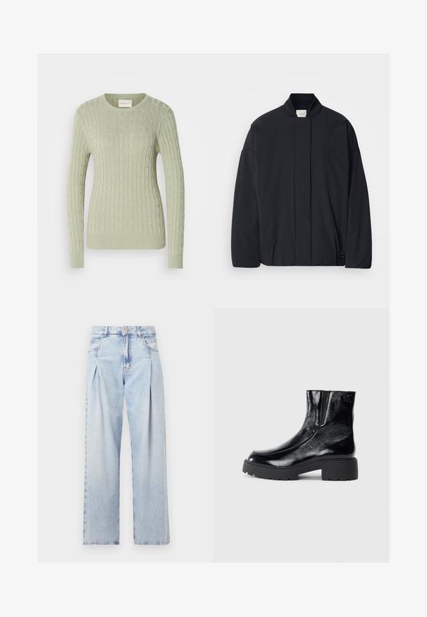 Chaqueta negra de manga larga con cuello acanalado, cierre frontal oculto y sutil etiqueta de la marca en el dobladillo inferior, colocada plana sobre un fondo blanco.; Suéter de punto en color verde claro, con cuello redondo, mangas largas y puños acanalados. Presenta un pequeño logo en el pecho.; Jeans de mezclilla azul claros con cintura alta, corte de pierna ancha, dos bolsillos laterales y un diseño plisado. Textura suave con un acabado deslavado.; Botines negros con acabado de charol brillante, suela de goma negra gruesa y tacón elevado; incluye un sutil detalle del logo en el lateral.