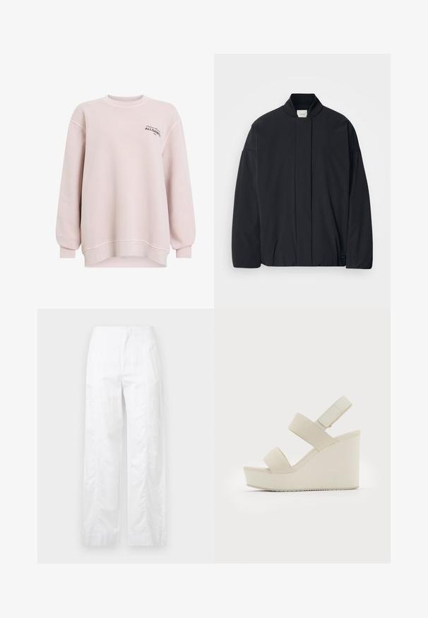 Black long-sleeve jacket with a ribbed collar, hidden front fastening, and subtle brand tag on the bottom hem, laid flat on a white background.; Light pink sweatshirt made of soft fabric. Features a crew neck, long sleeves, and logo detailing on the left chest. Relaxed fit.; White wide-leg trousers made of lightweight fabric, featuring a smooth texture, clean lines, and a high waist design.; Beige wedge sandals with two wide straps and a tapered heel. Made of smooth fabric with a textured sole. Logo embossed on the heel.