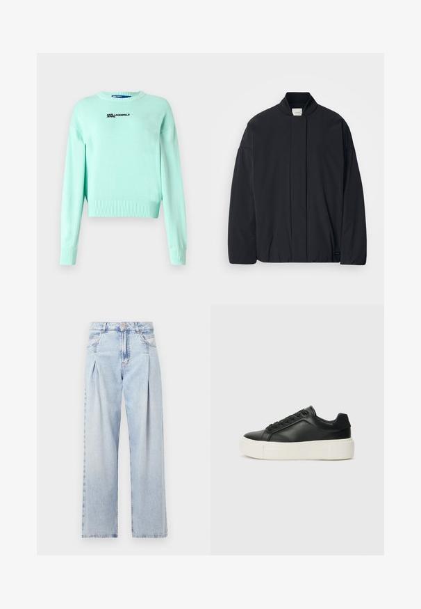 Svart langermet jakke med ribbestrikket krage, skjult frontlukking og subtil merkeetikett på bunnsømmen, lagt flatt på en hvit bakgrunn.; Karl Lagerfeld Jeans LOGO - Strikkegenser - torquoise; Lyseblå denimjeans med høy livlinje, vide ben, to sidelommer og plisserte detaljer. Myk tekstur med en falmet finish.; Sorte lær sneakers med rund tå, hvit plattformsåle og svarte snøring. Har en subtil logo på hælen og jevn tekstur.